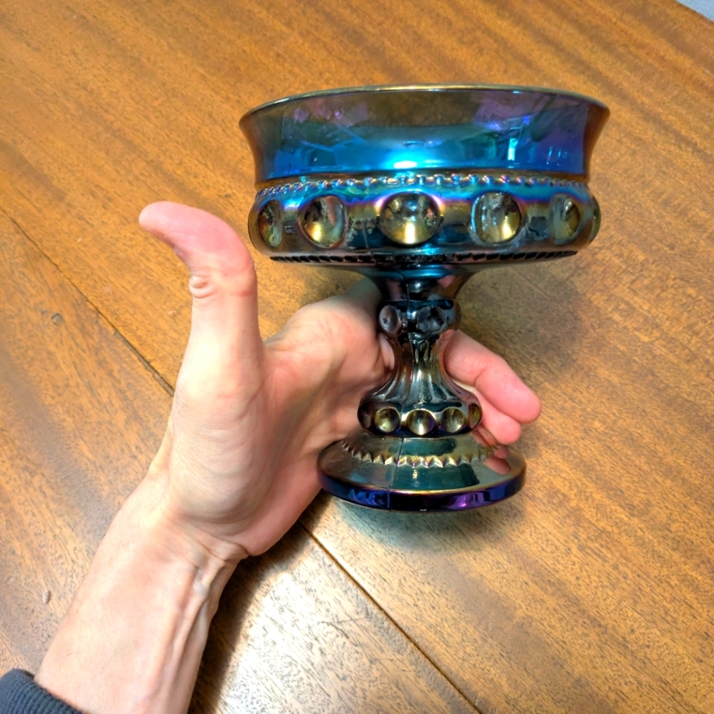 Iridescent Blue Carnival Glass Compote.  Excellent Condition.